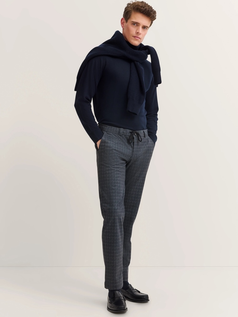 Bugatti Men’s Navy Glencheck Stretch Drawstring Chino Pants